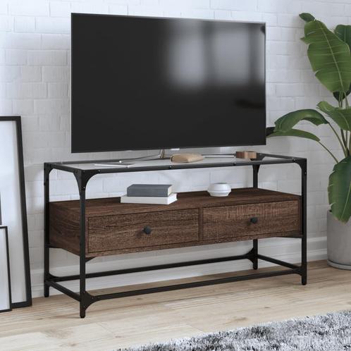 vidaXL Tv-meubel met glazen blad 98x35x51 cm hout bruin, Huis en Inrichting, Kasten |Televisiemeubels, Nieuw, Verzenden