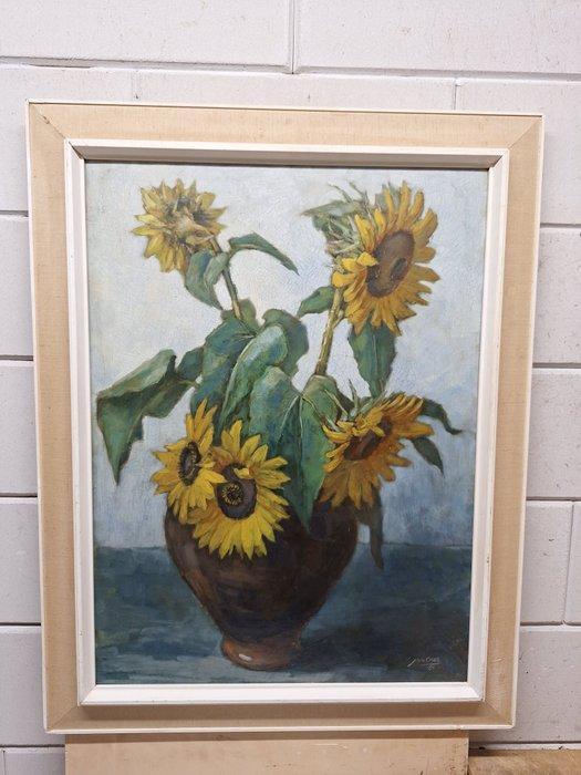 Jan Oud (1939) - Stilleven met een Vaas met Zonnebloemen, Antiquités & Art, Art | Peinture | Classique