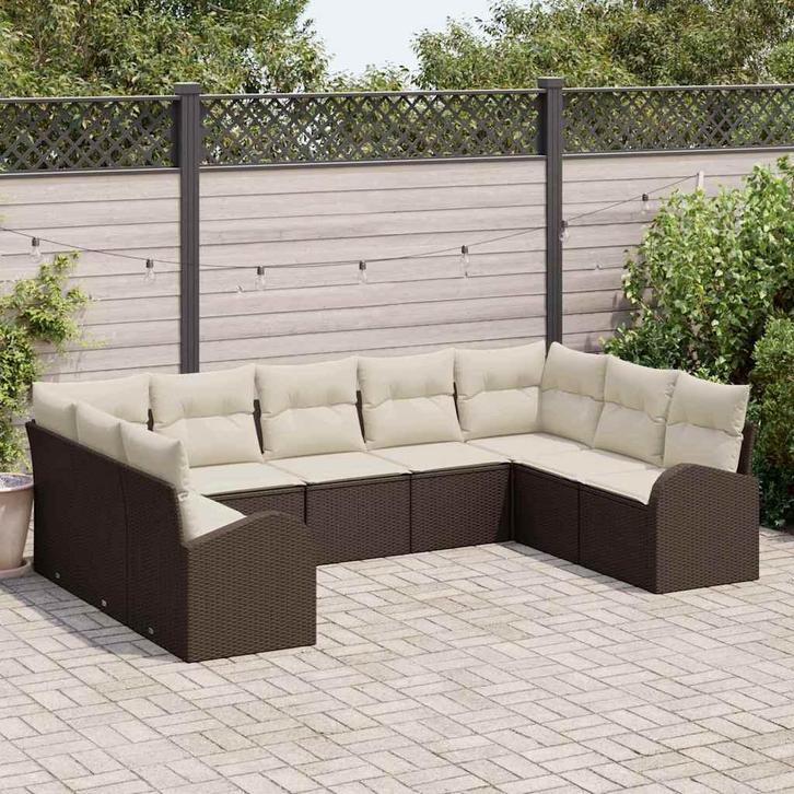 vidaXL Bankstel met kussen 9 pcs Bruin Poly Riet, Tuin en Terras, Tuinsets en Loungesets, Nieuw, Verzenden