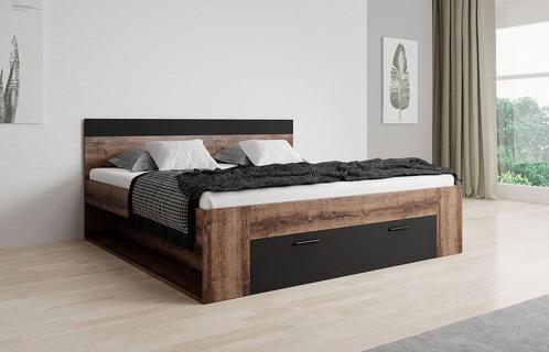 Tweepersoonsbed - Zwart/Eiken - 160x200 cm - 2 persoons bed, Huis en Inrichting, Slaapkamer | Bedden, Nieuw, 160 cm, Verzenden