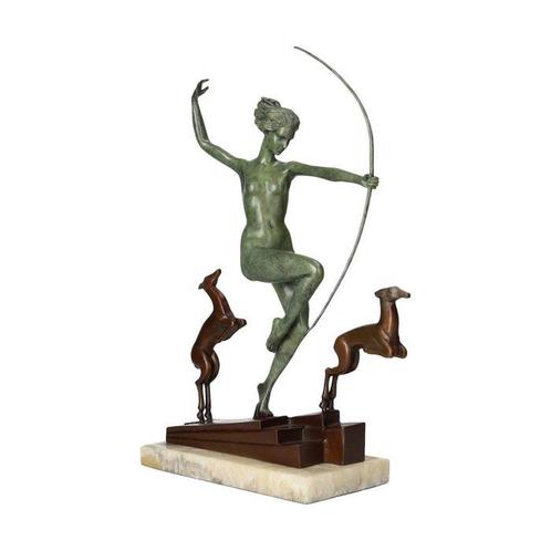sculptuur, Diana met honden - Godin - 37 cm - Brons, Marmer, Antiek en Kunst, Curiosa en Brocante