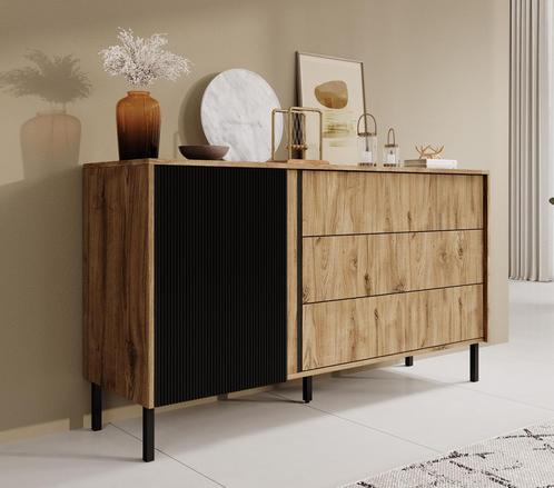 Meubella | Dressoir eiken 145cm | Kast met 3 lades, Huis en Inrichting, Kasten | Dressoirs, 25 tot 50 cm, Nieuw, 100 tot 150 cm