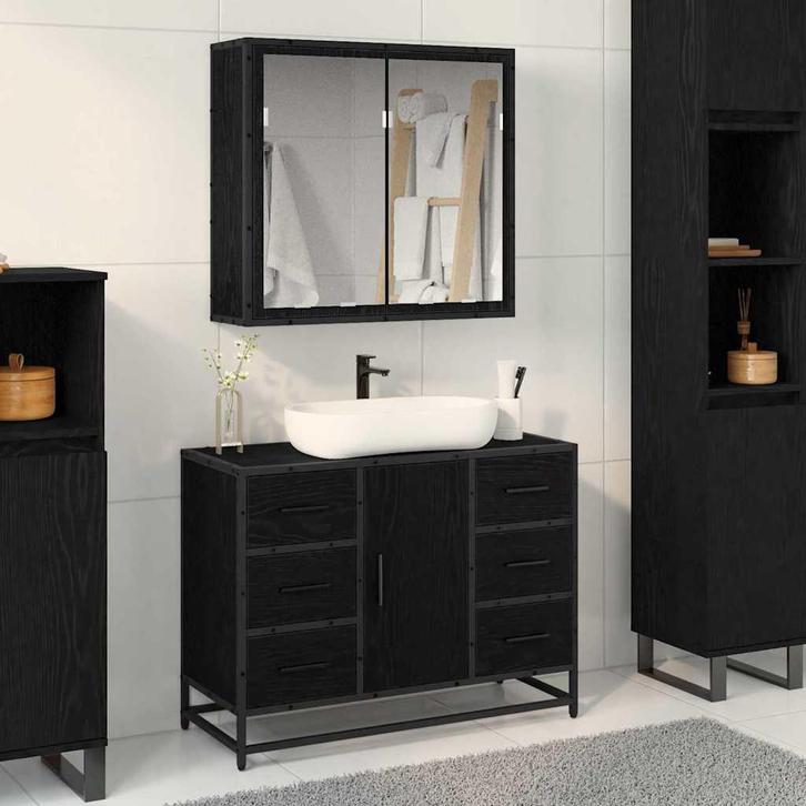vidaXL Badkamermeubel Set met lade 2 pcs Zwart eiken 80 x 33, Huis en Inrichting, Badkamer | Badkamermeubels, Nieuw, Verzenden