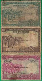Belgisch-Congo. - 3 x 10 franc - various dates - Pick 14,, Postzegels en Munten