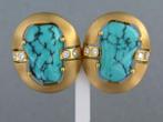 Online Veiling: 18k geel gouden oorclips bezet met turquoise