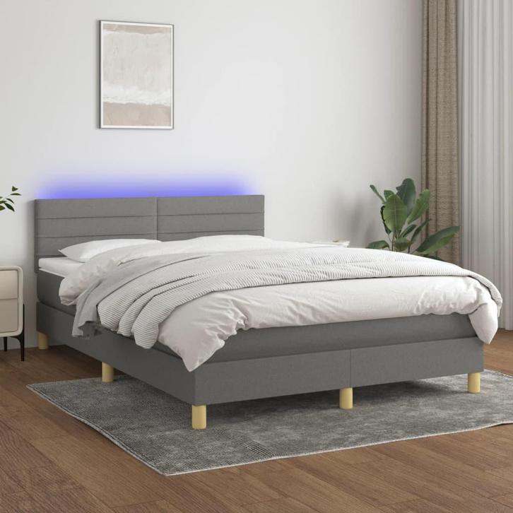 vidaXL Boxspring met matras en LED stof donkergrijs 140x200, Maison & Meubles, Chambre à coucher | Lits, Envoi