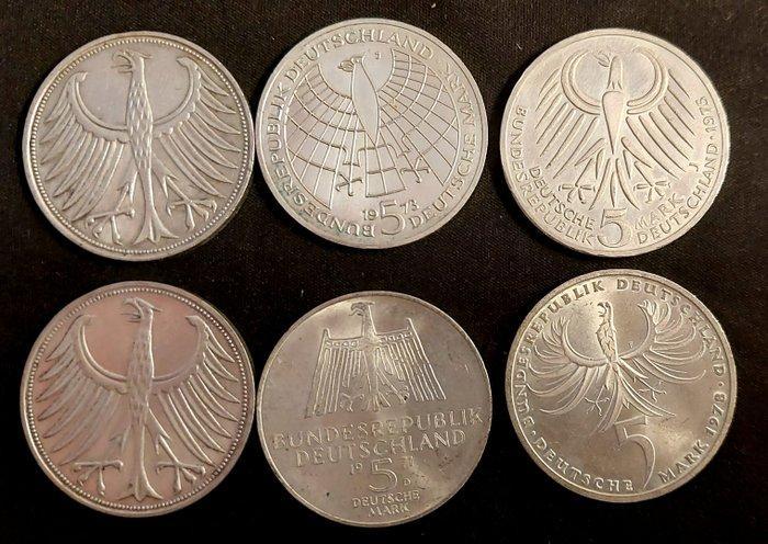 Duitsland. 5 Deutsche Mark 6x 1964/1978 (Zonder, Postzegels en Munten, Munten | Europa | Niet-Euromunten