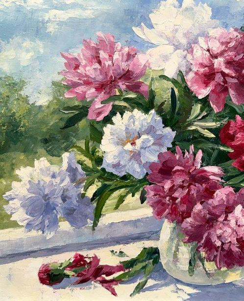 Irina Alex (1961) - Pivoines sous le Soleil, Antiek en Kunst, Kunst | Schilderijen | Klassiek