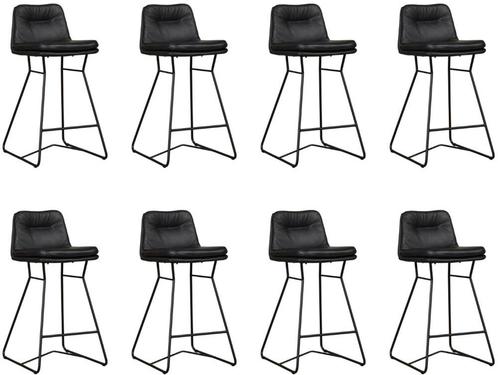Set van 8 Zwarte leren industriële barkrukken - staal zwart, Huis en Inrichting, Stoelen, Overige kleuren, Vijf, Zes of meer stoelen