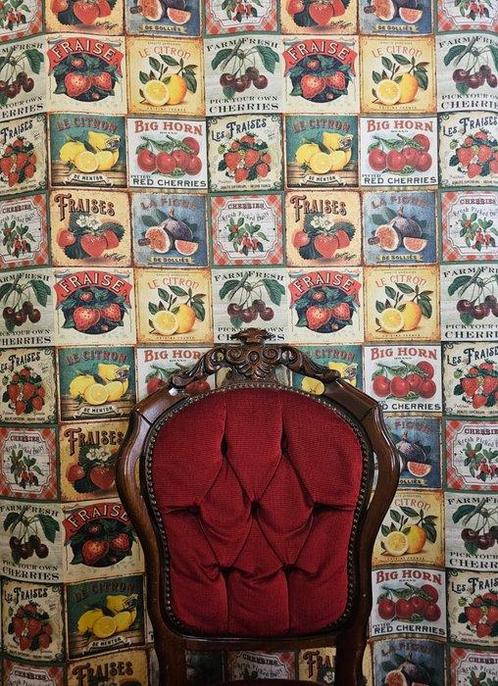 Tissu vintage avec étiquettes de fruits - 300x280 cm -, Antiek en Kunst, Antiek | Tapijten, Tafelkleden en Textiel