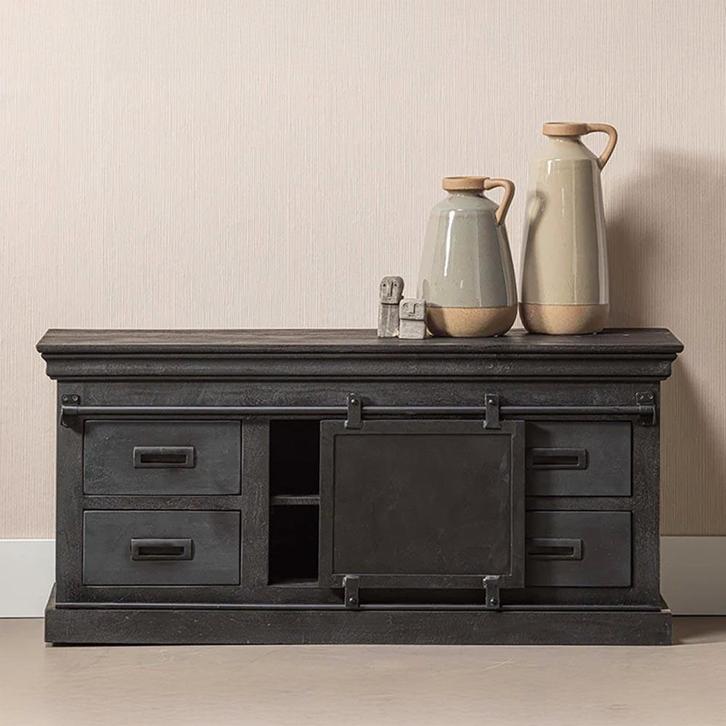 Tv-meubel Mangohout Milan 120 Zwart, Huis en Inrichting, Kasten |Televisiemeubels, 25 tot 50 cm, Nieuw, Overige houtsoorten, Minder dan 100 cm