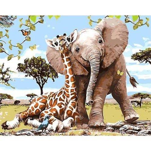 Tweedekans | Schilderen op nummers olifant & giraf - 40x50, Huis en Inrichting, Woonaccessoires | Schilderijen, Tekeningen en Foto's