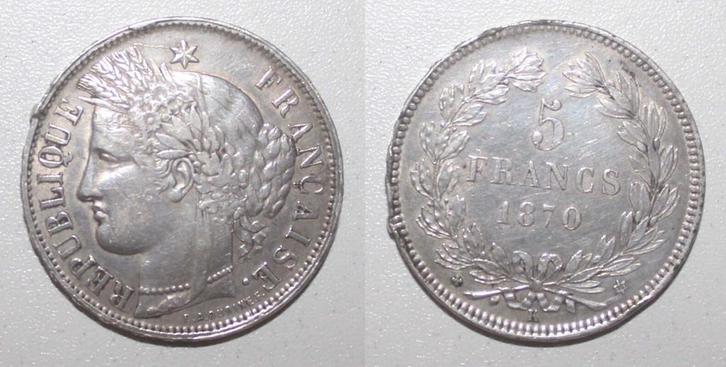 France Frankreich 5 Francs 1870 K Bordeaux Type Ceres Rah..., Postzegels en Munten, Munten | Europa | Niet-Euromunten, België