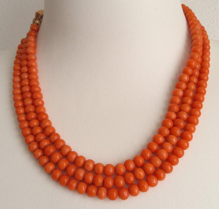 Ketting - 14 karaat Geel goud - Zalm/Rode Koraal, Bijoux, Sacs & Beauté, Bijoux anciens