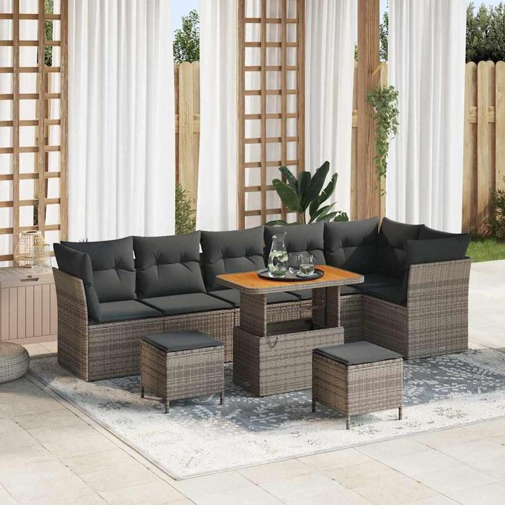 vidaXL Tuinbank Set 9 pcs Grijs Poly riet en gepoedercoat, Tuin en Terras, Tuinsets en Loungesets, Nieuw, Verzenden