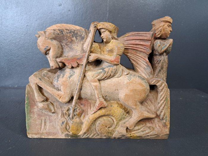 Snijwerk, Sint Joris en de draak - 16.5 cm - Eik, Antiek en Kunst, Antiek | Boeken en Manuscripten