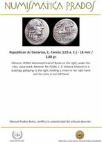 Romeinse Republiek. M. Fannius C.f, 123 BC. Denarius Rome, Postzegels en Munten