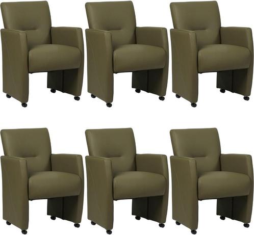 Set van 6 Olijfgroene leren moderne eetkamerfauteuils -, Huis en Inrichting, Stoelen, Overige kleuren, Vijf, Zes of meer stoelen