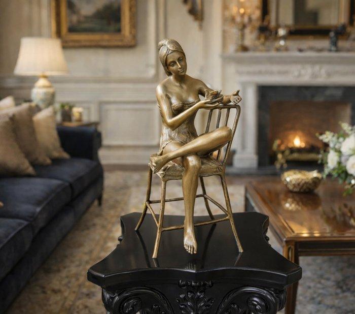 Beeld, Large: Bronze Lady with Bird - 43 cm - Brons, Antiquités & Art, Art | Objets design