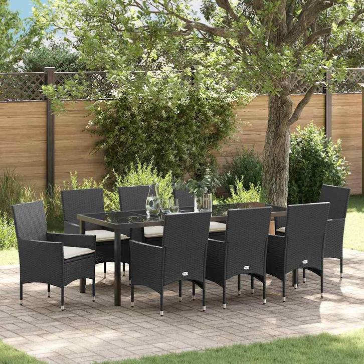 vidaXL Tuin Eettafel Set met kussen 9 pcs Zwart poly rattan, Tuin en Terras, Tuinsets en Loungesets, Nieuw, Verzenden