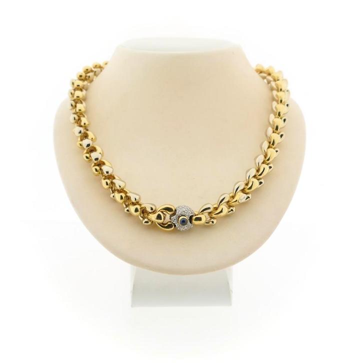 18 Krt. Bicolor gouden ketting met saffier en diamant 0,9..., Handtassen en Accessoires, Kettingen, Overige kleuren, Gebruikt