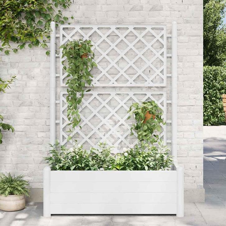 vidaXL Plantenbak met latwerk 100x43x142 cm PP wit, Tuin en Terras, Bloempotten, Nieuw, Verzenden