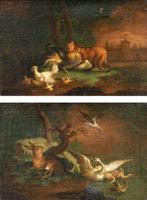 Scuola fiamminga (XVII) - Coppia di nature vive con animali