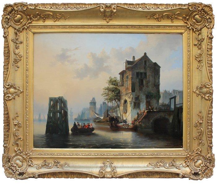 Constant Eechaut (born 1800) - A busy quay in the medieval, Antiek en Kunst, Kunst | Schilderijen | Klassiek