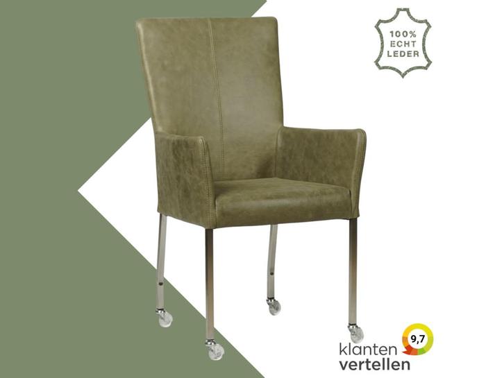 Leren eetkamerstoel Deal met armleuning - Vintage Olive, Huis en Inrichting, Stoelen, Overige kleuren, Eén, Nieuw, Leer, Ophalen of Verzenden
