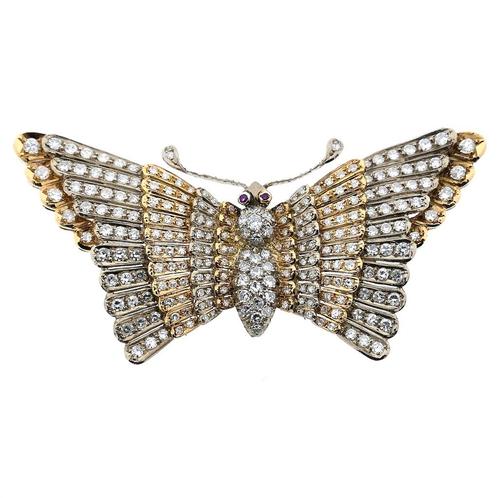 18 Krt. Exclusieve bicolor gouden vlinderbroche met robij..., Handtassen en Accessoires, Broches, Overige kleuren, Gebruikt, Met edelsteen