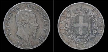 Italy Vittorio Emanuele Ii 5 lire 1874m zilver beschikbaar voor biedingen