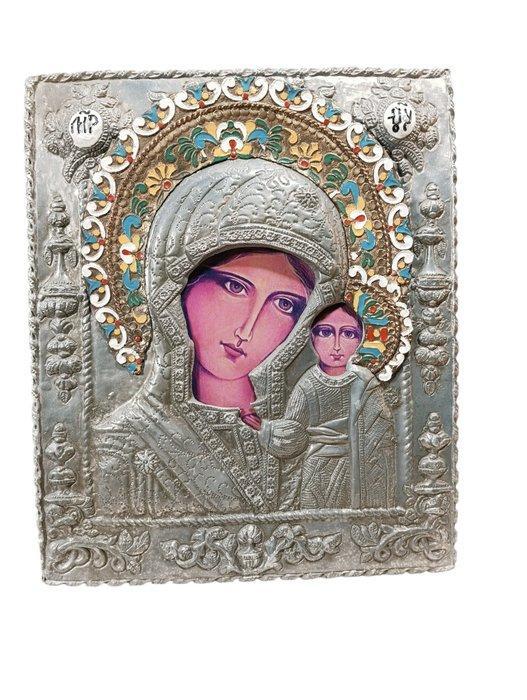 Icoon - Moeder Gods van Kazan - Metaal, Verzilverd - 25 x 30, Antiquités & Art, Antiquités | Livres & Manuscrits