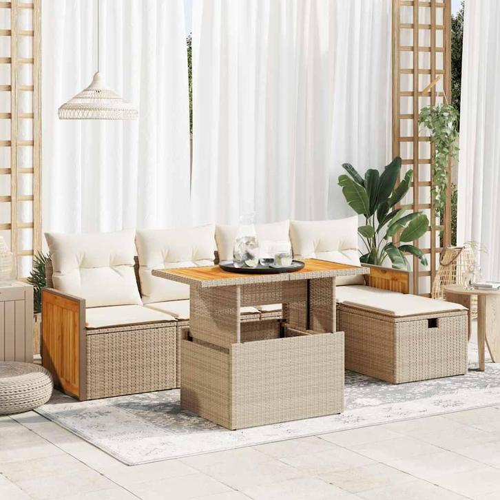vidaXL 6-delige Loungeset met kussens poly rattan beige, Tuin en Terras, Tuinsets en Loungesets, Loungeset, Nieuw, Verzenden