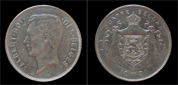 Belgium Albert I 20 frank (4belga) 1931fr-pos A nickel, Postzegels en Munten, Munten | Europa | Niet-Euromunten, België, Verzenden