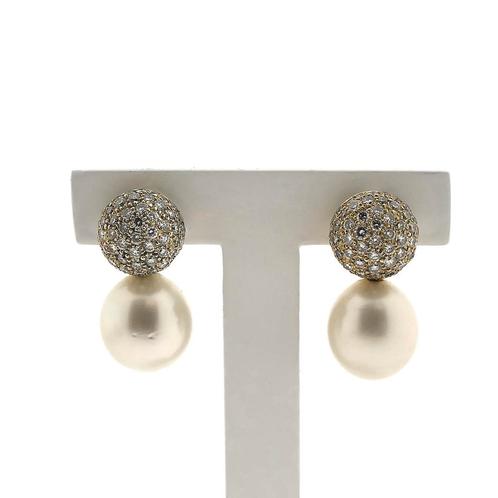 18 Krt. Gouden oorbellen met parel en diamant 1,54 ct., Handtassen en Accessoires, Oorbellen, Overige kleuren, Gebruikt, Met edelsteen