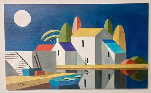 V. Altieri (1977) - Riflessi lunari sul borgo silenzioso, Antiek en Kunst, Kunst | Schilderijen | Klassiek