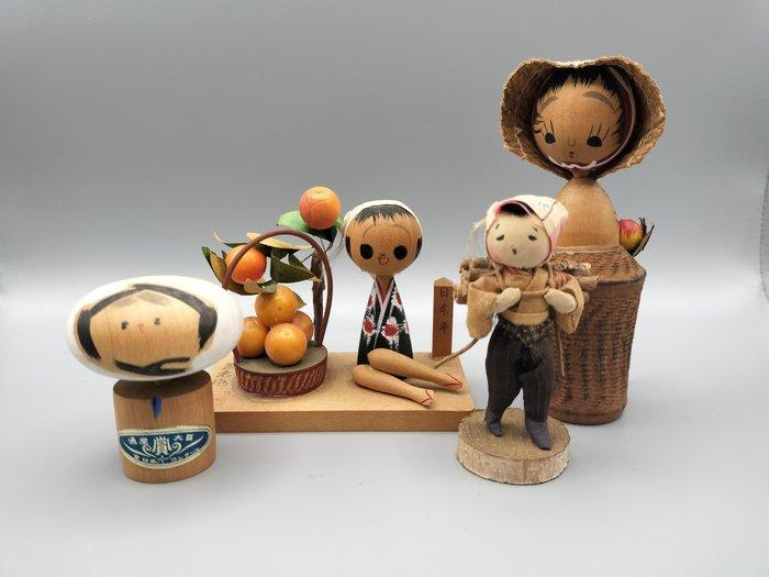 4 mini poupées Kokeshi créatives - Bois - Japon - Période, Antiek en Kunst, Curiosa en Brocante