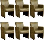 Set van 6 Olijfgroene leren moderne eetkamerfauteuils -, Huis en Inrichting, Stoelen, Overige kleuren, Nieuw, Leer, Ophalen of Verzenden