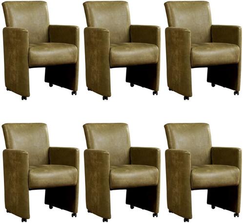 Set van 6 Olijfgroene leren moderne eetkamerfauteuils -, Huis en Inrichting, Stoelen, Overige kleuren, Vijf, Zes of meer stoelen