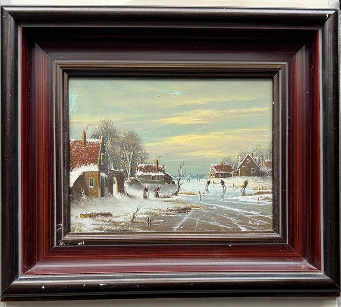 Johannes Kaiser - IJsgezicht met schaatsers, Antiek en Kunst, Kunst | Schilderijen | Klassiek