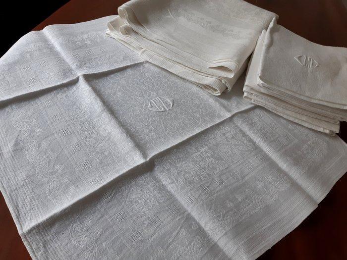Grote Art Deco linnen tafelkleed en servetten - Tafelkleed, Antiek en Kunst, Antiek | Tapijten, Tafelkleden en Textiel