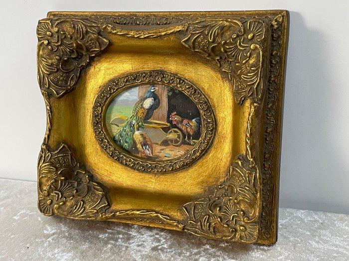 onbekend - Pauwen op boerderij in Barok Lijstje, Antiek en Kunst, Curiosa en Brocante