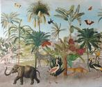Pannello di cotone con Fenicotteri,  leopardi e elefanti-, Antiquités & Art, Curiosités & Brocante