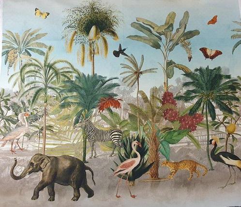 Pannello di cotone con Fenicotteri,  leopardi e elefanti-, Antiek en Kunst, Curiosa en Brocante