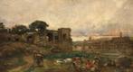 Emilio Poy Dalmau (1876-1933) - Tramonto a Roma con Ciociare, Antiek en Kunst, Kunst | Schilderijen | Klassiek