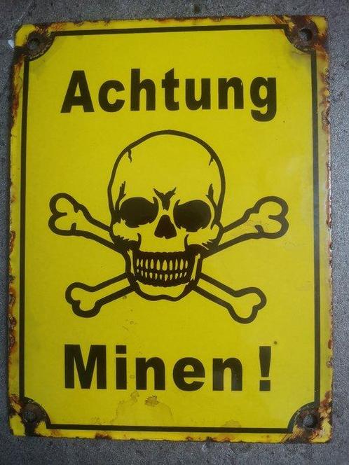 Plaque émaillée - Achtung Minen de la Seconde Guerre, Antiek en Kunst, Antiek | Wandborden en Tegels