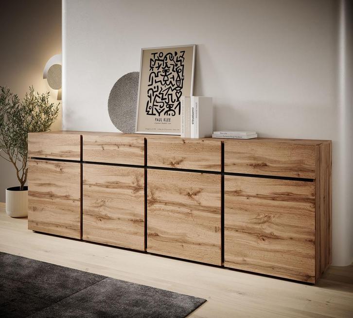 Meubella Dressoir Cainan eiken zwart 225 cm, Huis en Inrichting, Kasten | Dressoirs, 25 tot 50 cm, Nieuw, Verzenden