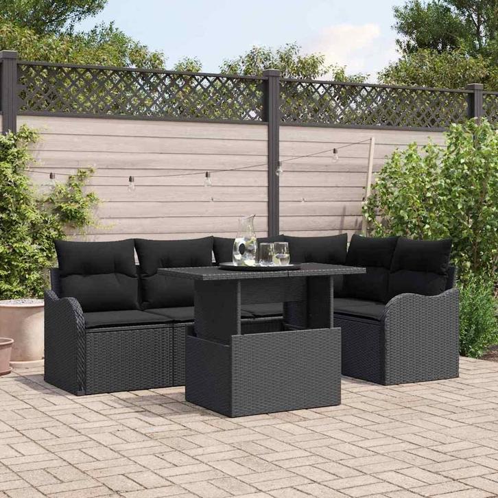 vidaXL Tuinbank Set met kussen met kussen 6 pcs Zwart Poly, Tuin en Terras, Tuinsets en Loungesets, Nieuw, Verzenden