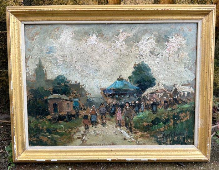 Europese school (XX) - Woonwagens bij de kermis, Antiek en Kunst, Kunst | Schilderijen | Klassiek