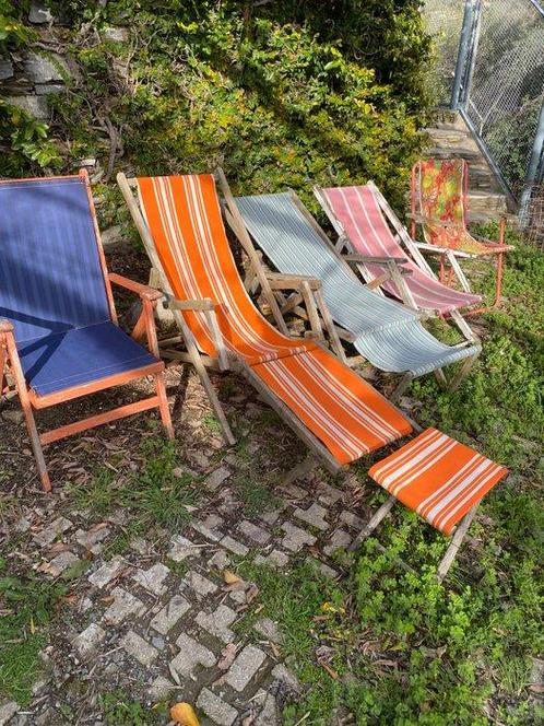 Lounge stoel (6) - Hout, IJzer, Textiel - Bedje, fauteuil, Antiek en Kunst, Curiosa en Brocante